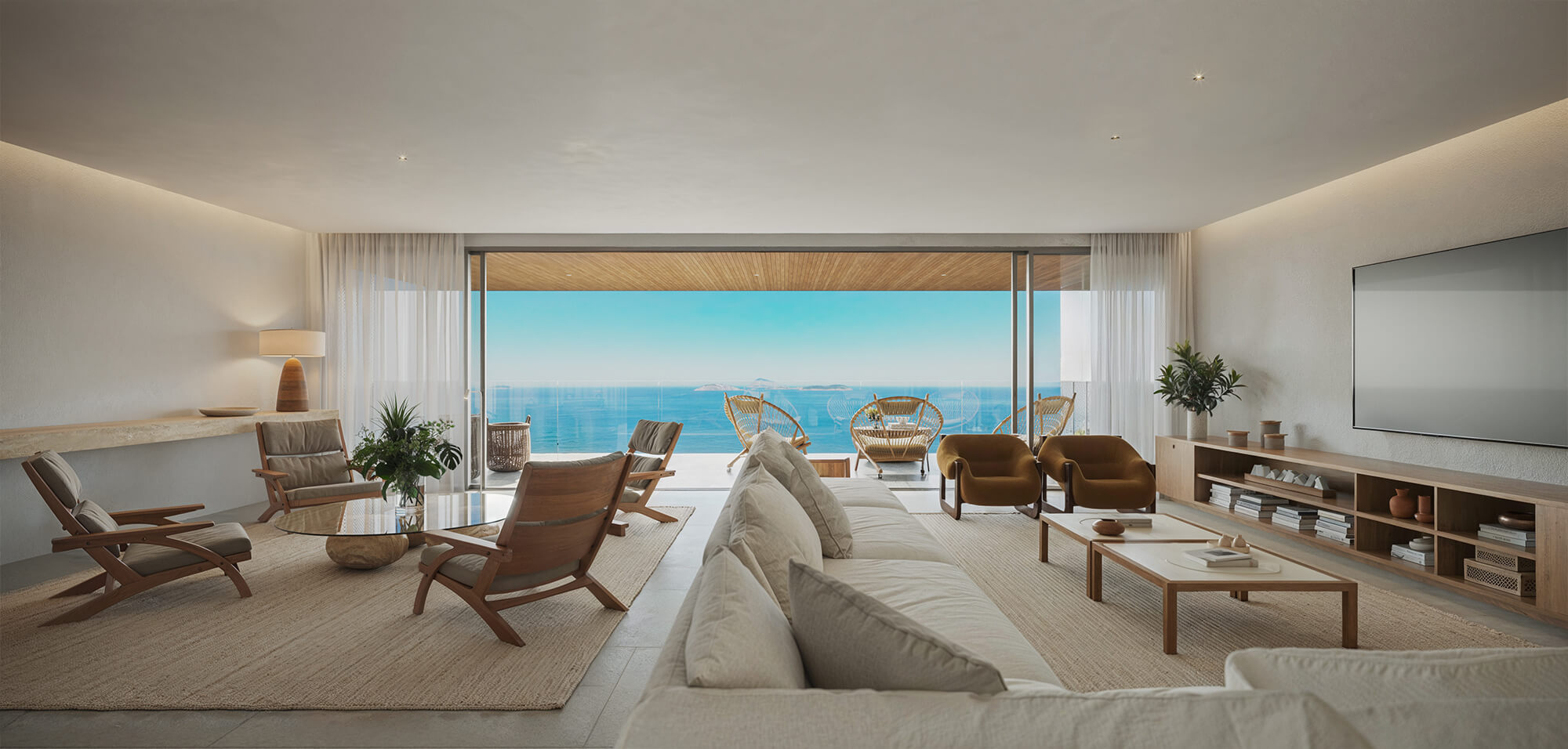 Sala de estar ampla e integrada com pé-direito duplo no Vieira 432 Ipanema